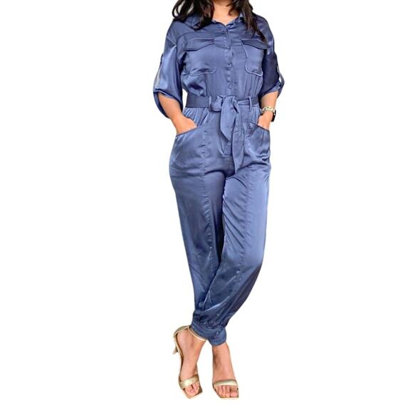 Strut & Bolt Blue Satin Belted Utility Jogger Jumpsuit 3/4 Sleeves Medium - Picture 8 of 8